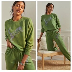 Clare V Anthropologie Tiger Graphic Sweatshirt Crew Neck Green Moss Women's XL